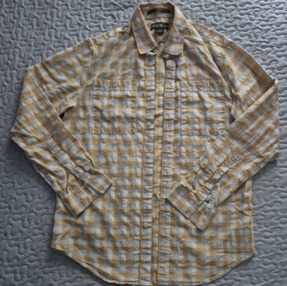 Eddie Bauer Shirt Mens Small Yellow Plaid Long Sleeve Button Up Cotton Shirt